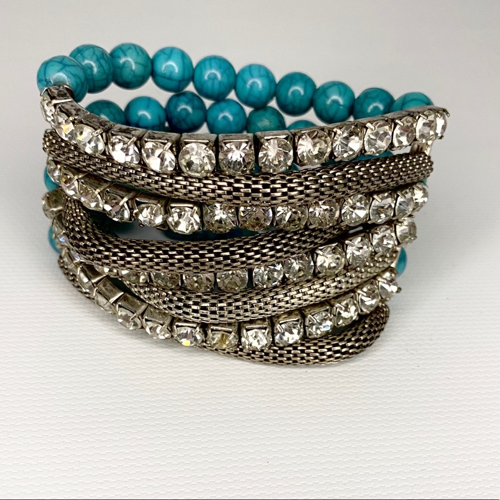 Turquoise Color Bead Rhinestone S.T. Mesh Bracelet